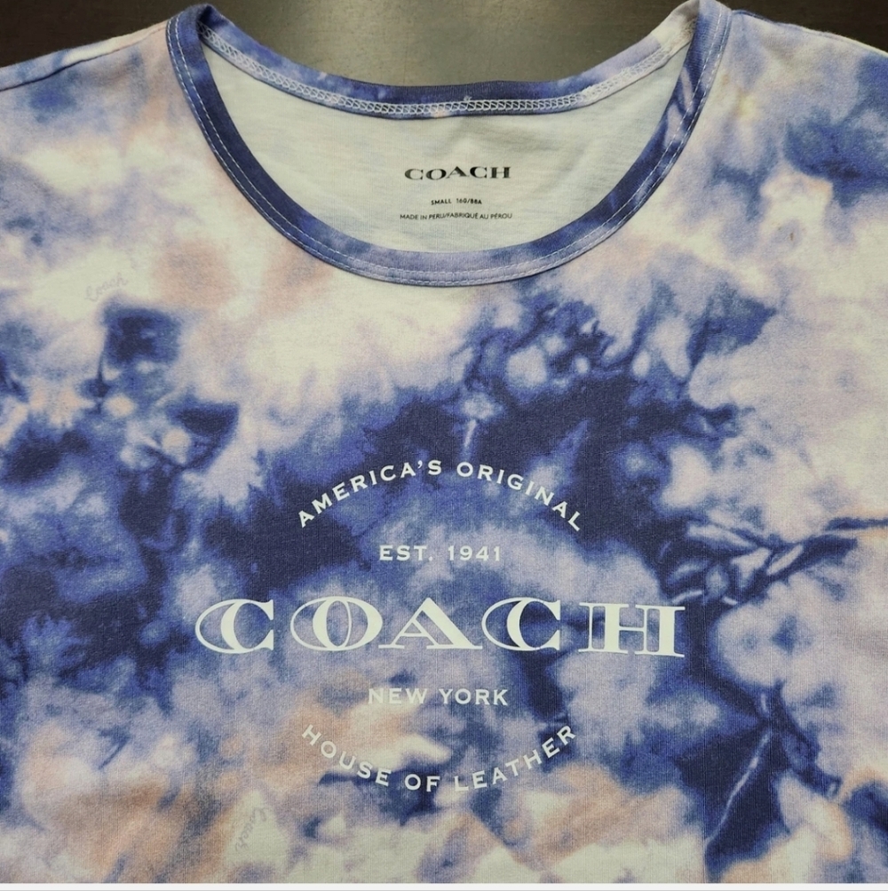 Coach Women's Blue and White Tie-Dye Logo Tee
